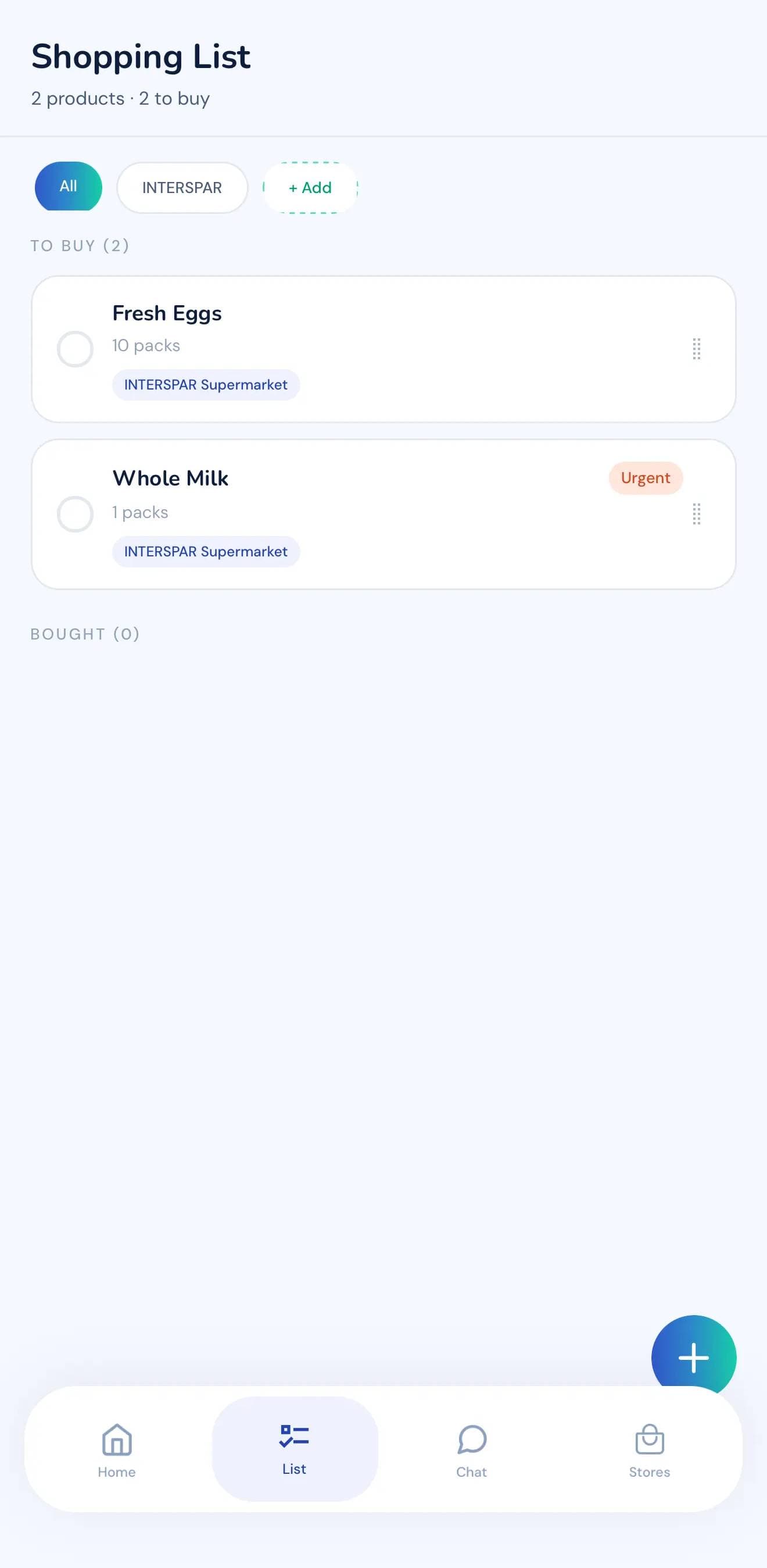 SpesApp shared shopping list screen