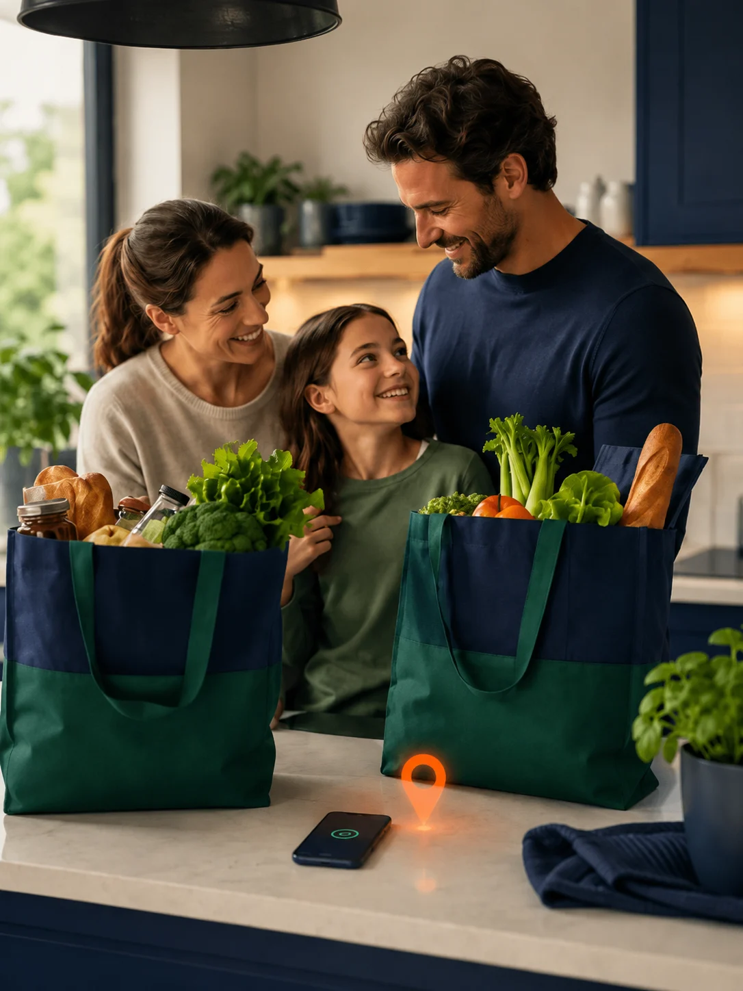 A family completing a successful supermarket shopping trip together